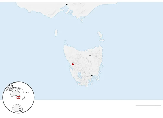 Carte de Tasmanie indiquant l'emplacement de la boîte noire sur la côte ouest.