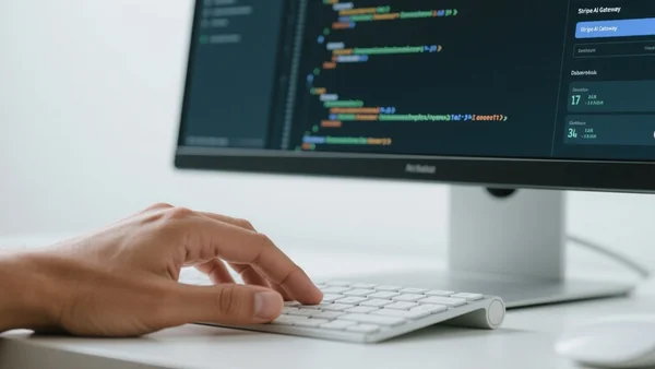 Premier plan d'une main tapant sur un clavier d'ordinateur, l'écran affiche l'interface Stripe AI Gateway avec des lignes de code et des métriques de tokens, ambiance professionnelle et technique, vue rapprochée
