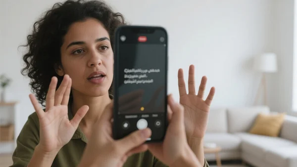 Plan rapproché d'une personne sourde utilisant un smartphone, mains en train de signer devant l'écran où s'affiche du texte traduit en temps réel, dans un salon lumineux et moderne
