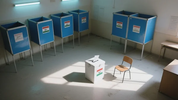 Vue en plongée d'une salle de vote vide en Cisjordanie, des isoloirs bleus et une urne blanche au centre, une chaise renversée sur le côté, lumière crue du néon. L'intention éditoriale est de symboliser l'absence de démocratie et l'attente interminable d'un scrutin, avec une ambiance de désolation et d'abandon.