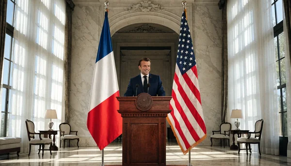 Emmanuel Macron debout à un pupitre dans un salon élégant de la Villa Albertine à New York, souriant, drapeaux français et américain en arrière-plan