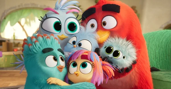 Groupe d'oiseaux colorés blottis à l'intérieur, scène des Angry Birds 2.