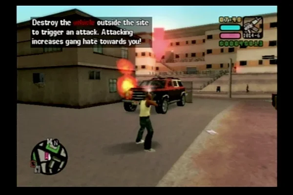 Capture d'écran du jeu vidéo Grand Theft Auto: Vice City Stories (2006), montrant un personnage en train de tirer sur un véhicule dans un environnement urbain. L'interface utilisateur affiche des instructions de mission, une mini-carte et des indicateurs de santé/armure.