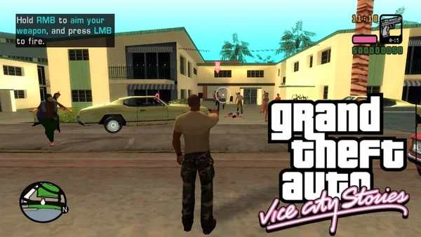 Capture d'écran du jeu vidéo Grand Theft Auto: Vice City Stories (2006), montrant une scène de gameplay en vue à la troisième personne. Le personnage principal est armé et vise des PNJ dans un environnement urbain typique de Vice City, avec des bâtiments Art Déco et des palmiers. L'interface utilisateur (HUD) est visible, incluant le mini-carte, l'argent, l'arme et des instructions de contrôle. Le logo du jeu est superposé en bas à droite.