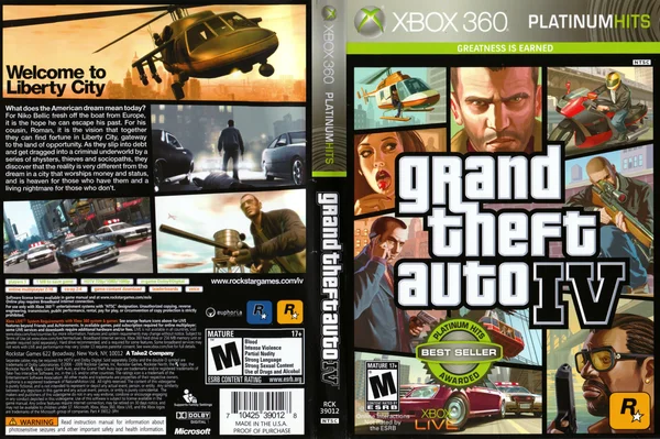 L'image présente la jaquette complète (recto et verso) de l'édition 'Platinum Hits' du jeu vidéo Grand Theft Auto IV sur Xbox 360. La face avant affiche le logo officiel, le protagoniste Niko Bellic au centre, ainsi que divers personnages secondaires et véhicules emblématiques du jeu. La face arrière contient un résumé de l'intrigue en anglais ('Welcome to Liberty City'), des captures d'écran et les informations techniques.