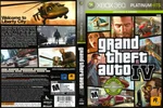 L'image présente la jaquette complète (recto et verso) de l'édition 'Platinum Hits' du jeu vidéo Grand Theft Auto IV sur Xbox 360. La face avant affiche le logo officiel, le protagoniste Niko Bellic au centre, ainsi que divers personnages secondaires et véhicules emblématiques du jeu. La face arrière contient un résumé de l'intrigue en anglais ('Welcome to Liberty City'), des captures d'écran et les informations techniques.