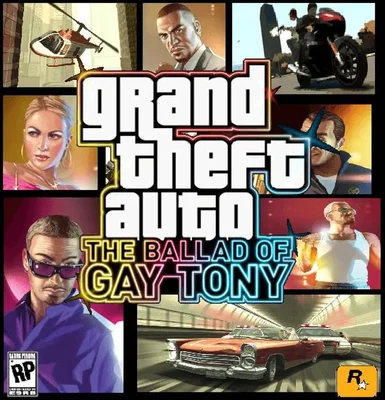 L'image est la jaquette officielle du jeu vidéo Grand Theft Auto: The Ballad of Gay Tony (2009). Elle présente le logo distinctif de la série GTA avec le sous-titre du jeu, entouré d'une mosaïque de personnages et de scènes emblématiques du jeu, incluant Luis Lopez, Tony Prince, et des véhicules. Les logos ESRB 'RP' et Rockstar Games sont visibles.