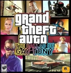 L'image est la jaquette officielle du jeu vidéo Grand Theft Auto: The Ballad of Gay Tony (2009). Elle présente le logo distinctif de la série GTA avec le sous-titre du jeu, entouré d'une mosaïque de personnages et de scènes emblématiques du jeu, incluant Luis Lopez, Tony Prince, et des véhicules. Les logos ESRB 'RP' et Rockstar Games sont visibles.