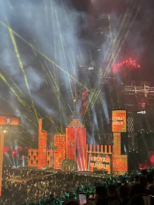 The elaborate entrance stage and lighting setup inside the arena for Royal Rumble 2026.