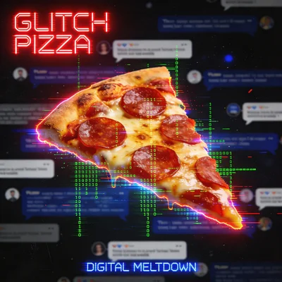 Pizza slice dissolving into digital code with glitch effects