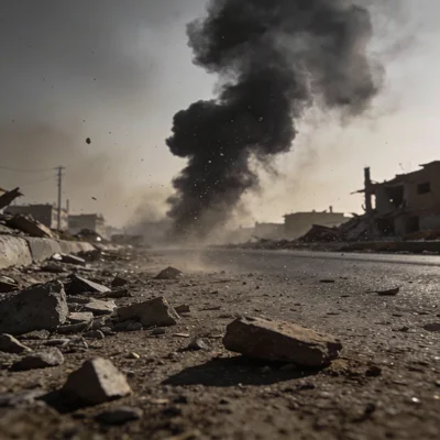 Smoky street scene in a conflict zone with rubble