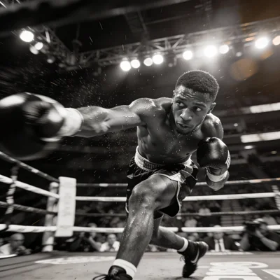 Shakur Stevenson in a dynamic defensive pose inside a boxing ring, sweat flying under bright lights.