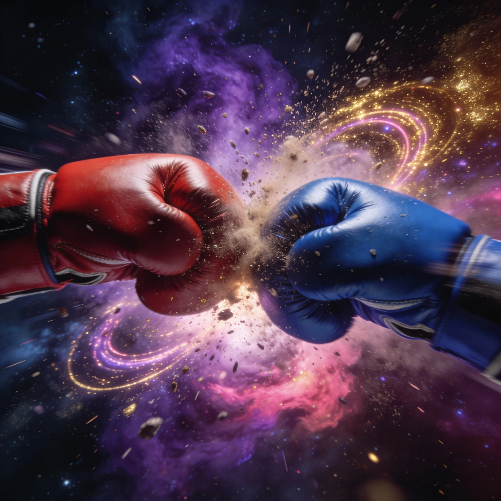 Close up slow motion of boxing gloves impacting, with dust and sweat particles suspended.