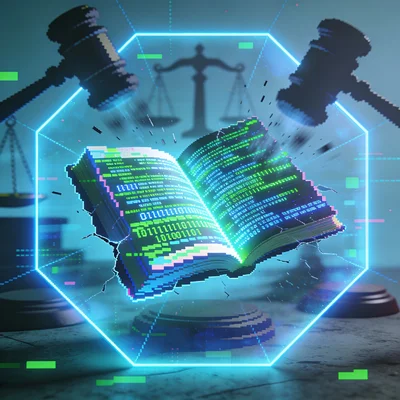 Digital code book protected by a force field against legal threats.