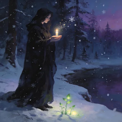 A cloaked figure holding a candle in the snowy twilight.