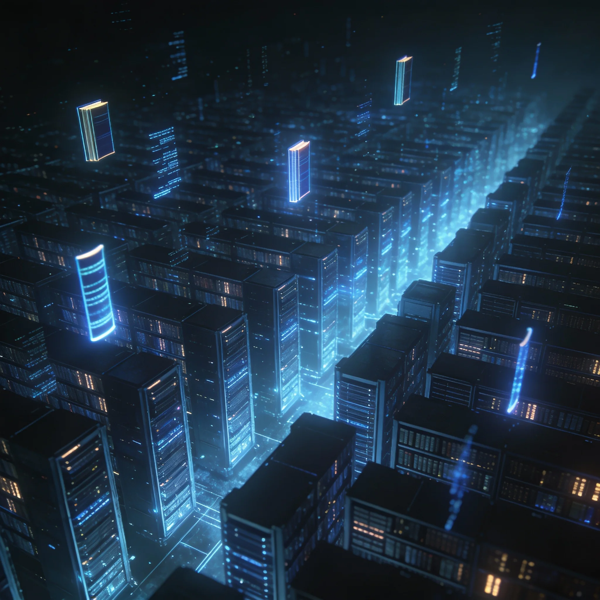 Infinite digital library with glowing servers representing Anna's Archive.