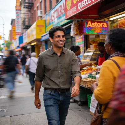 Zohran Mamdani talking with residents in a Queens neighborhood.