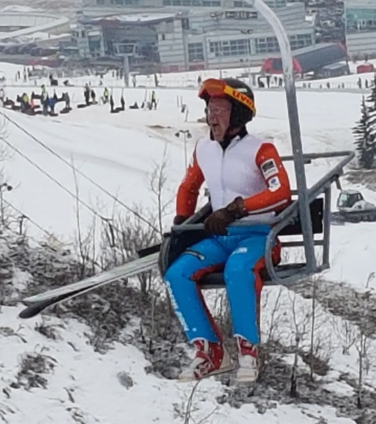 Eddie the Eagle mid-jump at the 1988 Calgary Olympics