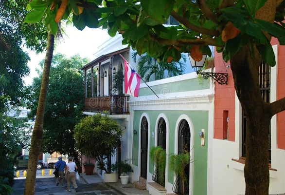 Colorful colonial buildings and blue cobblestones of Old San Juan, Puerto Rico.