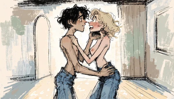 An artistic soft hand-drawn cartoonish illustration with visible brushstrokes in soft pastel colors and warm diffused lighting. A three-quarter view of a young adult man and young adult woman standing pressed together in a softly lit room.

The man, fair 