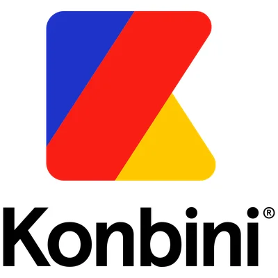 Logo de Konbini représentant un 'K' stylisé aux formes géométriques bleues, rouges et jaunes, surmontant le nom de la marque en texte noir.