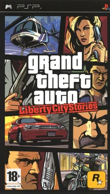 Jaquette officielle de Grand Theft Auto: Liberty City Stories (2005) avec un collage de personnages et de véhicules dans un style comic book