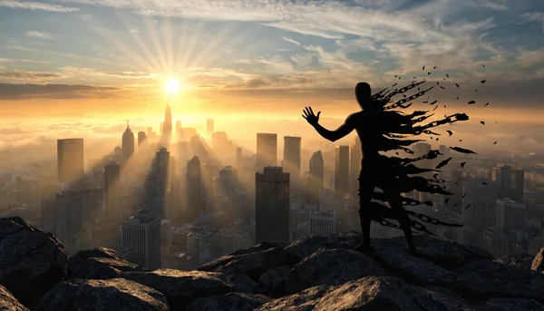 A silhouette of a person breaking free from shadowy chains or ropes, with one hand raised in a stopping gesture. The background shows a sunrise over a modern city. Style: symbolic, inspirational, clean lines with contrast between dark silhouettes and warm golden light. No text.
