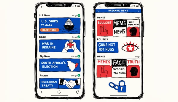 Illustration showing the contrast between a diverse information feed and a filter bubble/echo chamber created by algorithms