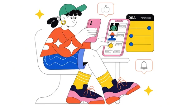 Illustration of a young person regaining control over their social media algorithm through settings and DSA options