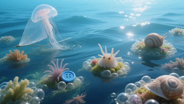 Neuston ecosystem at the ocean surface: colorful floating marine organisms including Velella velella (by-the-wind sailor with transparent sail), Porpita porpita (blue button), Glaucus sea slugs, and Janthina snails on bubble rafts. Blue ocean surface, sunlight filtering through, photorealistic style.