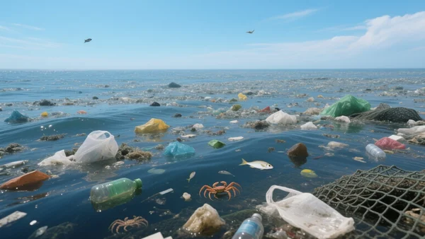 Great Pacific Garbage Patch: a vast expanse of ocean surface filled with floating plastic debris of various colors (bottles, bags, fishing nets, fragments) under a blue sky. Some marine life like small fish and crabs can be seen living among the plastic. Semi-realistic style, documentary feel, wide panoramic view.