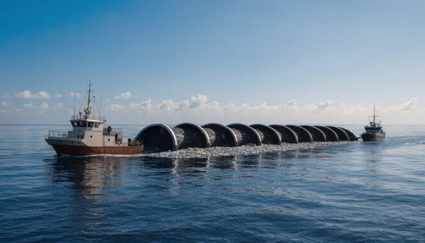 The Ocean Cleanup System 03: a long floating barrier being towed between two vessels in the Pacific Ocean, collecting plastic debris at the surface. Calm blue ocean, schematic but realistic style showing the technology in action.