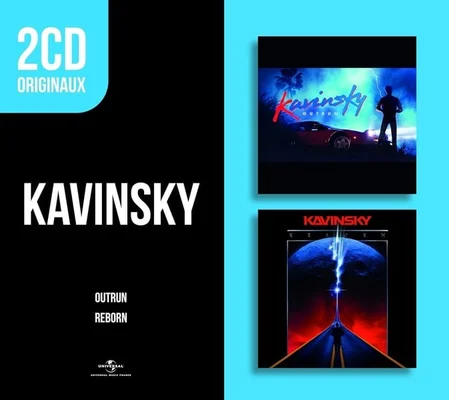 Visuel promotionnel du double CD de Kavinsky 'Outrun - Reborn', montrant les pochettes des albums 'Outrun' et 'Reborn' sur fond bleu avec texte listant les albums