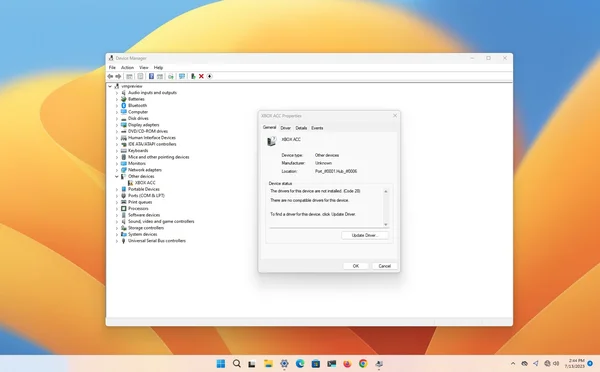 Capture d'écran du Gestionnaire de périphériques Windows 11 montrant un périphérique 'XBOX ACC' avec une erreur de pilote (Code 28) dans une boîte de dialogue Propriétés.