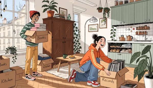 Couverture : jeune couple emménageant dans un petit appartement lumineux
