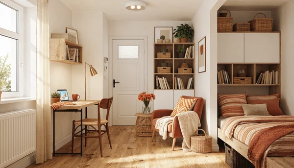 Aménagement d'un petit espace avec zones distinctes (travail, salon, nuit)