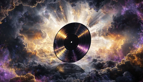 A vinyl record of 'I Will Survive' by Gloria Gaynor floating in a cosmic space, with rays of light breaking through darkness around it. Symbolic of resilience and emancipation through music. Style: surreal, dreamlike, with vibrant disco-era colors (gold, purple, pink). No text.