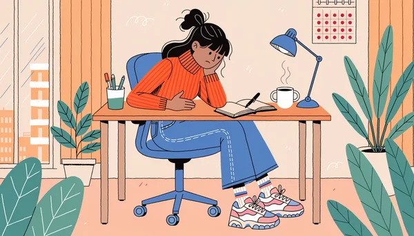 Illustration of a young woman with period pain at her workplace desk