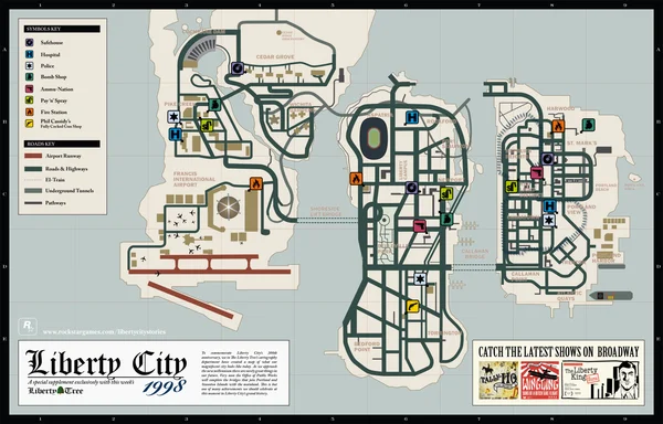 Carte détaillée de Liberty City issue de Grand Theft Auto: Liberty City Stories, avec une légende pour les symboles et les routes, et des graphismes style journal en bas de l'image