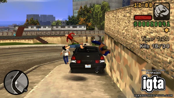 Capture d'écran de gameplay de Grand Theft Auto: Liberty City Stories montrant le personnage dans une voiture noire pendant une mission Rampage avec des piétons projetés en l'air et des éléments d'interface visibles