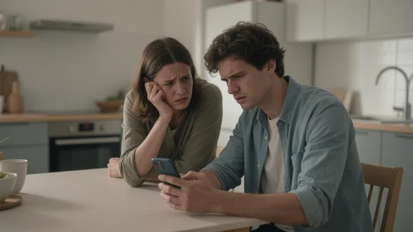 Couple en dispute autour d'un relevé bancaire sur smartphone à la cuisine - scène réaliste et émotionnelle