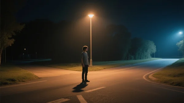 A young person standing at a crossroads at night, illuminated by a single streetlamp, with one path leading into darkness and the other into light. The mood is contemplative and decisive. Style: cinematic, slightly moody, with warm amber tones contrasting with cool blues. No text.