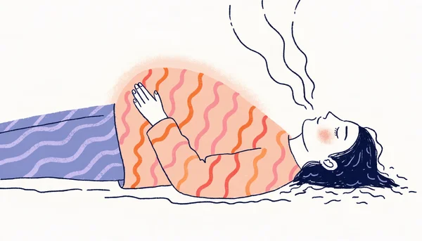 Calm minimal flat-style wellness illustration: a person lying on their back with one hand on their belly, deep breathing indicated by soft curved breath lines and a gentle glow around the abdomen, pastel soothing colors, representing pelvic floor relaxation and diaphragmatic breathing exercises, non-explicit, no nudity.