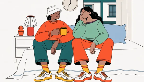 Warm, tasteful editorial illustration: a relaxed couple sitting close together on the edge of a bed, talking and smiling with complicity, soft golden evening light, cozy reassuring bedroom atmosphere, modern flat editorial illustration style, fully clothed, non-explicit, no nudity.