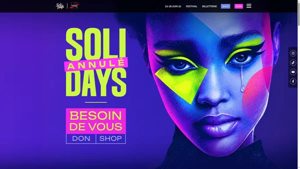 Page d'accueil du festival Solidays montrant la bannière d'annulation de l'édition 2026 (canicule) avec les dates 26-28 juin à l'Hippodrome de Paris-Longchamp