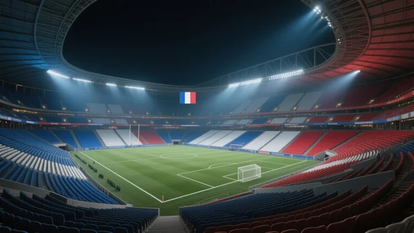 Image d'appui section Zidane/Stade de France : stade de football plein la nuit aux couleurs bleu-blanc-rouge