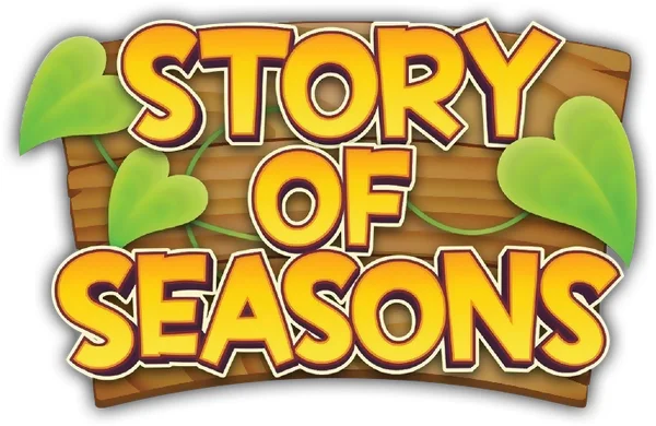 Logo officiel de la franchise Story of Seasons, avec un texte jaune et orange sur un panneau en bois entouré de feuilles vertes