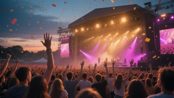 Illustration de couverture : ambiance festival d'été, foule jeune devant une scène de concert en plein air