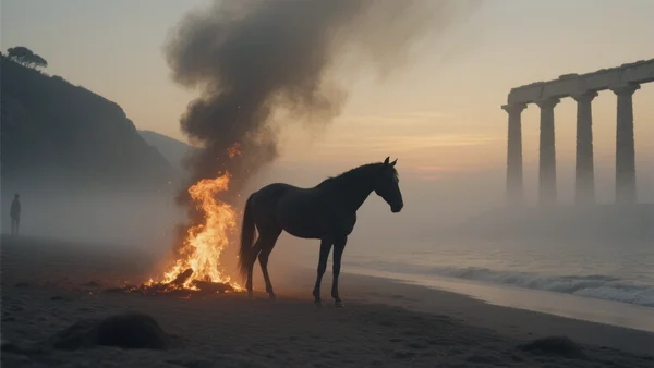 Epic mood illustration evoking the visual universe of the When I'm Home clip and The Odyssey