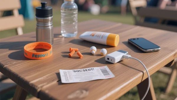 Image d'appui section budget/conseils : kit du festivalier (bracelet, gourde, bouchons d'oreilles, crème solaire)